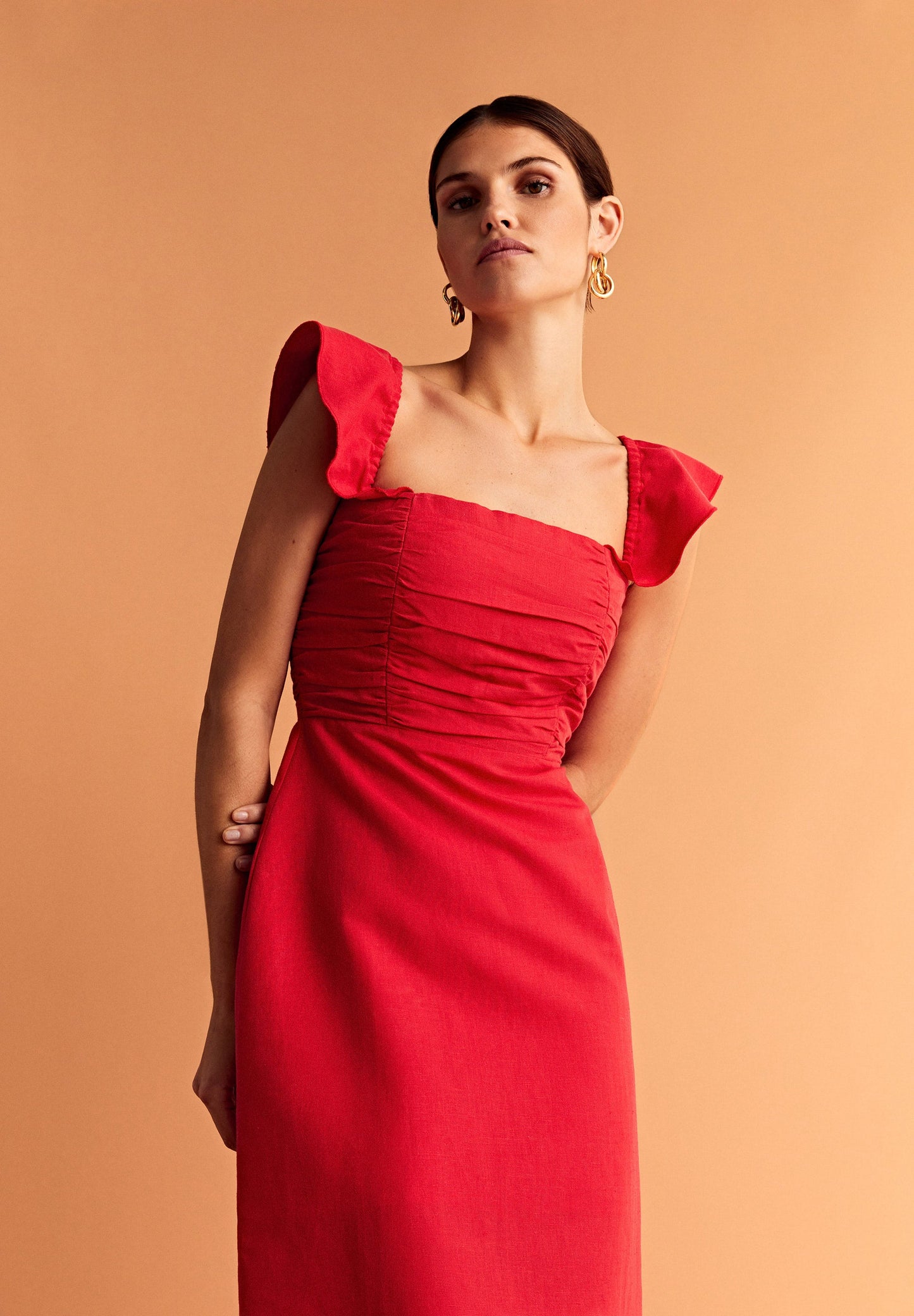 VESTIDO LINHO MIDI DRAPEADO NO PEITO