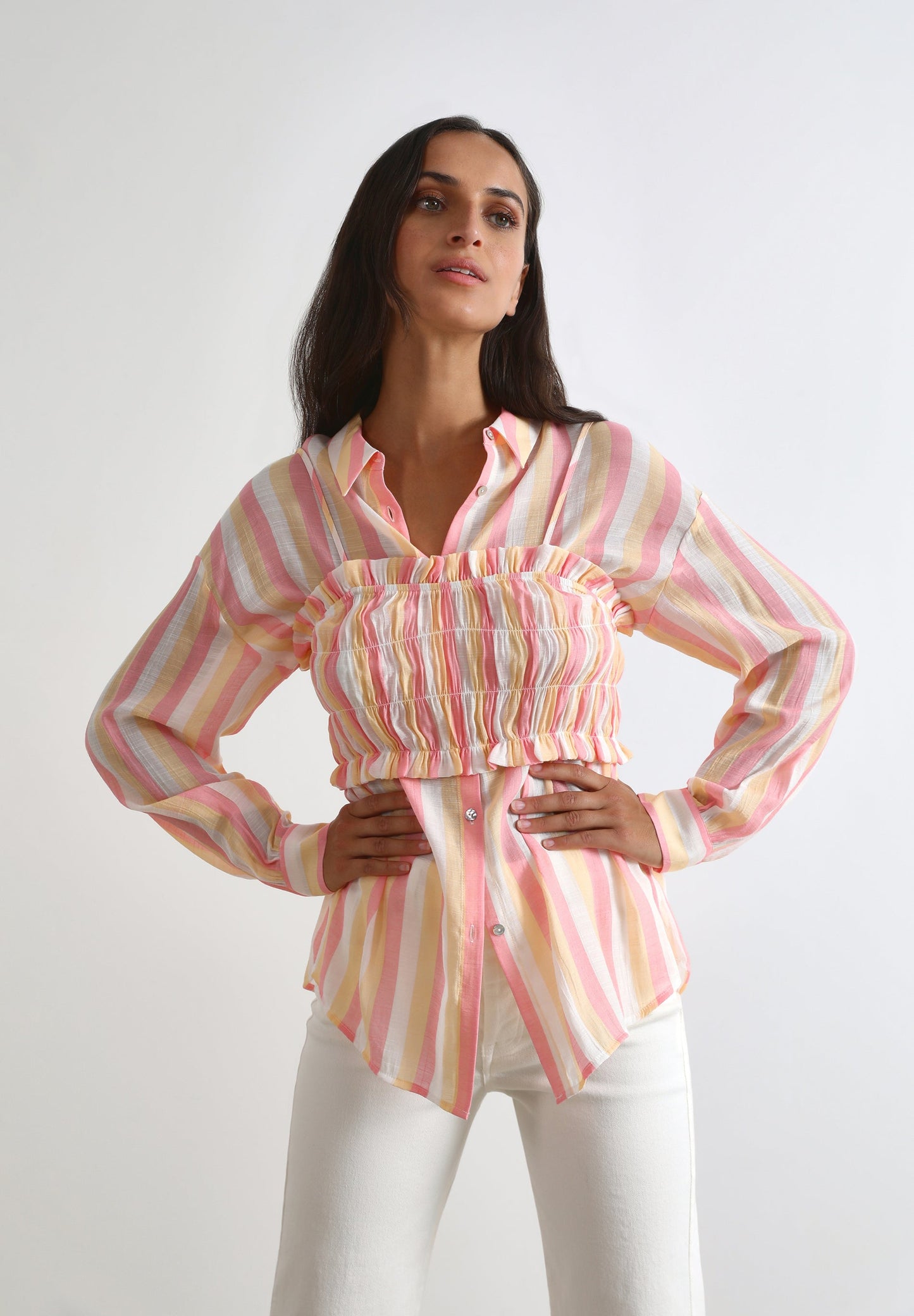 CONJUNTO DE CAMISA COM TOP ÀS RISCAS