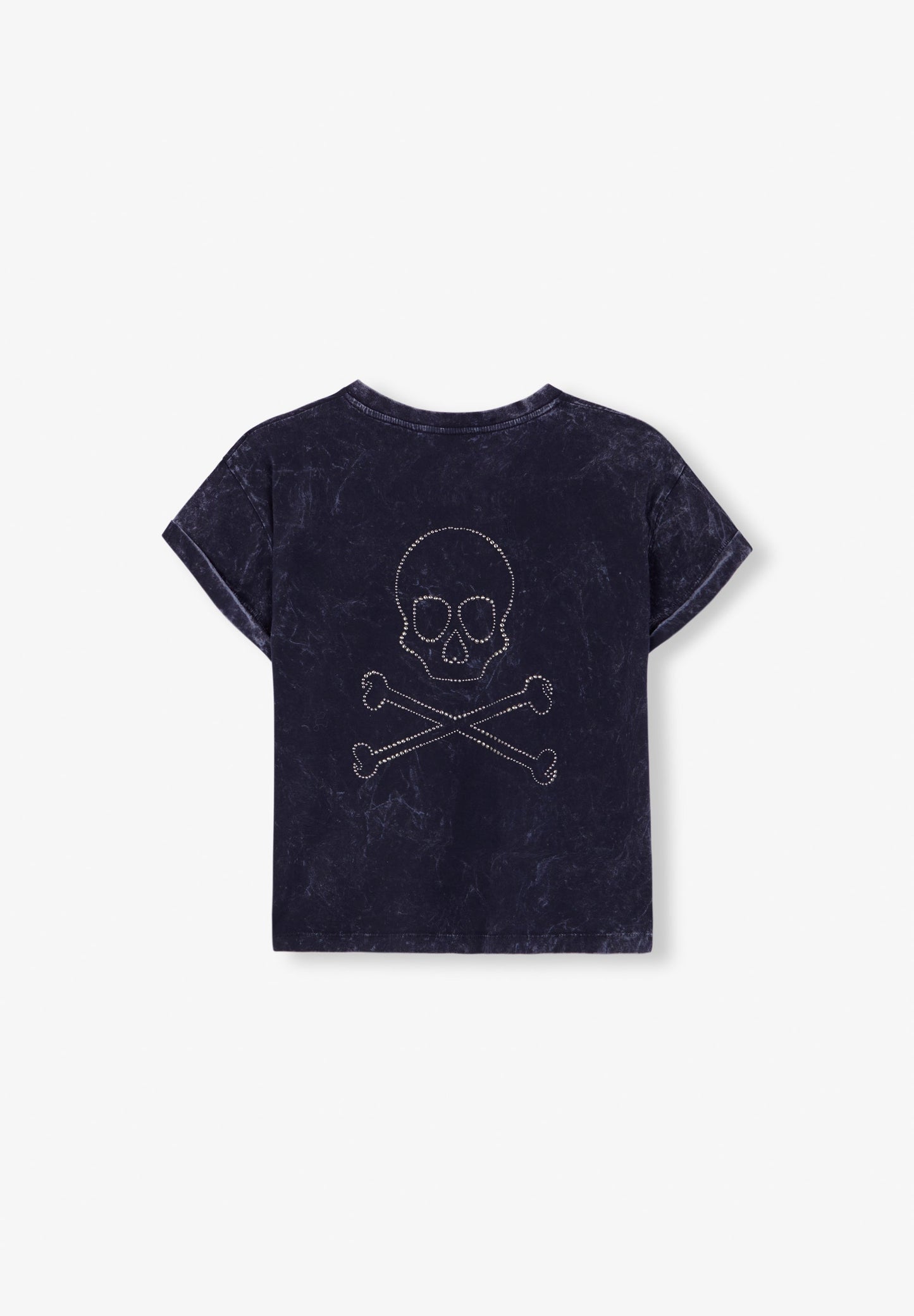 T-SHIRT DESBOTADA COM SKULL DE TACHAS