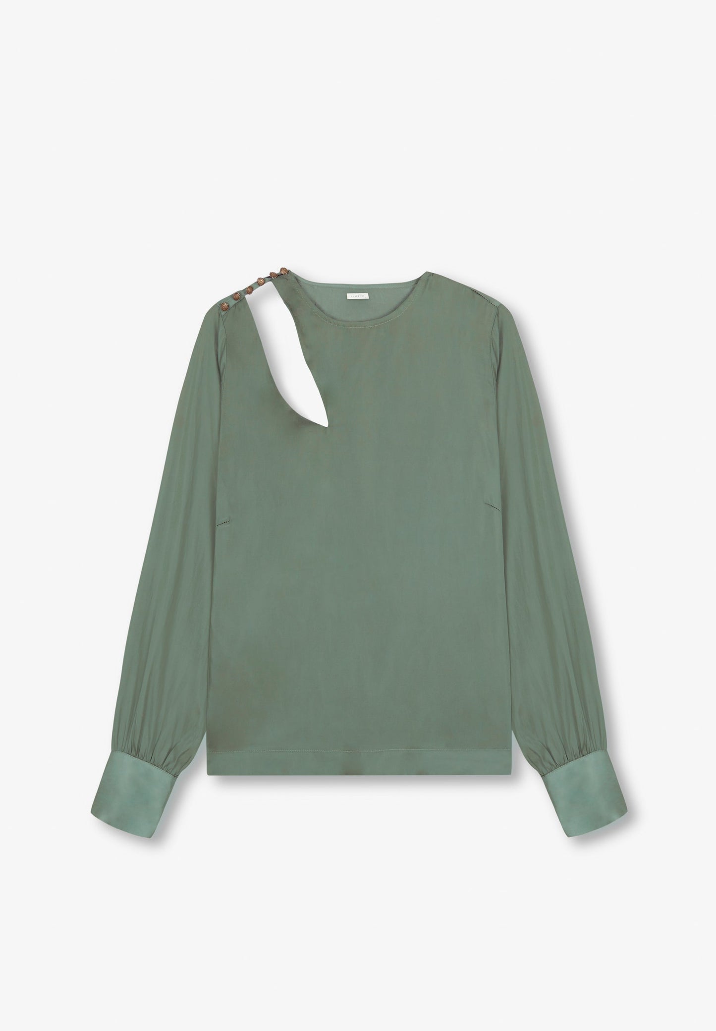 BLUSA ACETINADA COM ABERTURA NO OMBRO