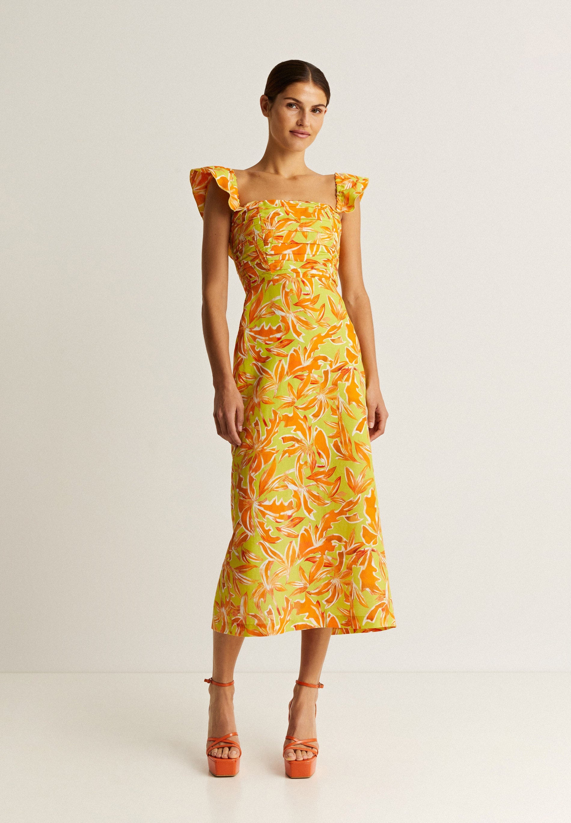 VESTIDO LINHO MIDI DRAPEADO NO PEITO