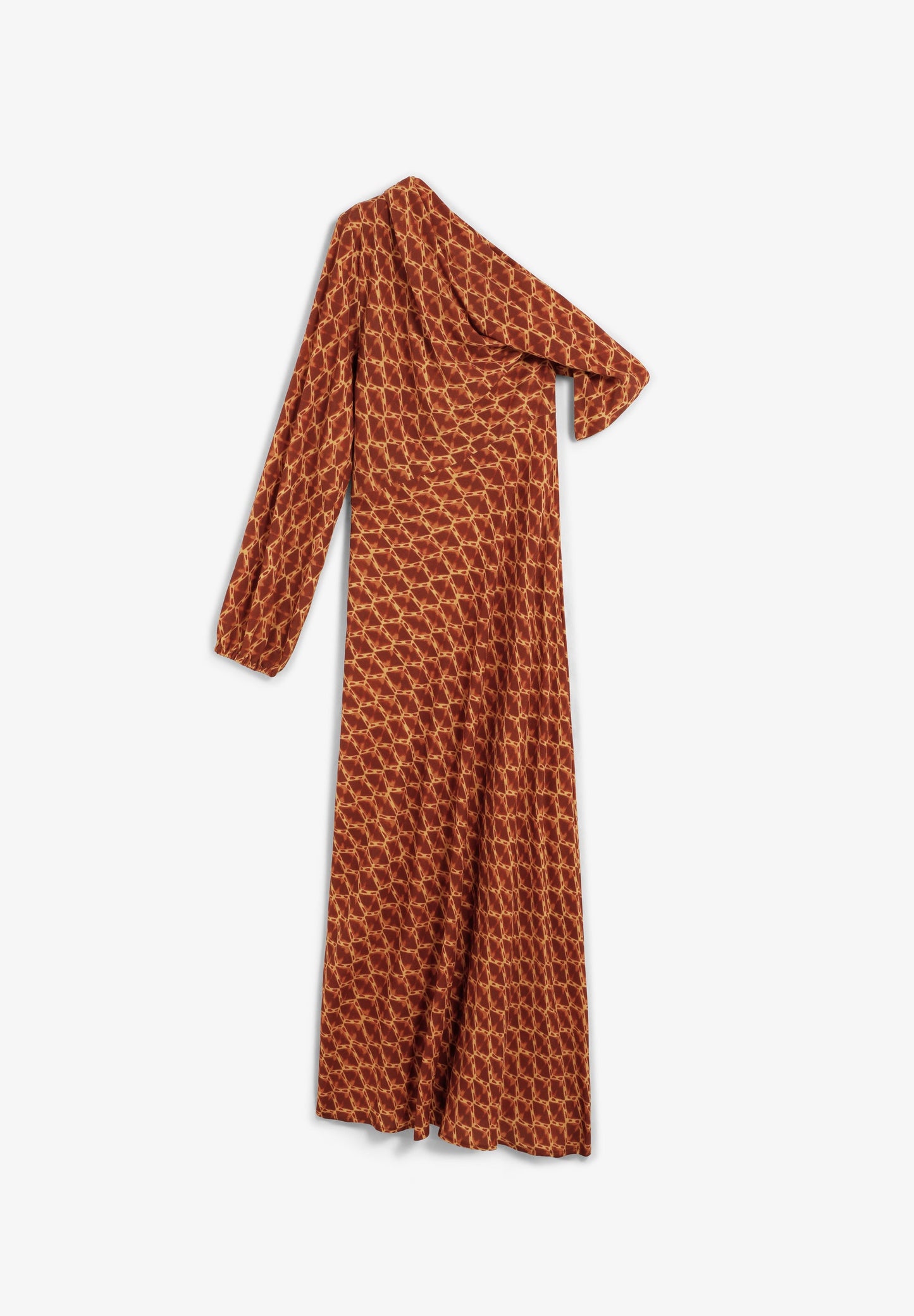 VESTIDO COM PADRÃO E DECOTE ASSIMÉTRICO