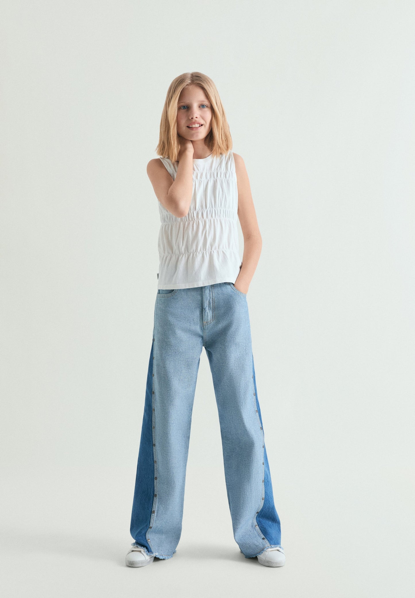 CALÇAS DENIM WIDE LEG BICOLOR