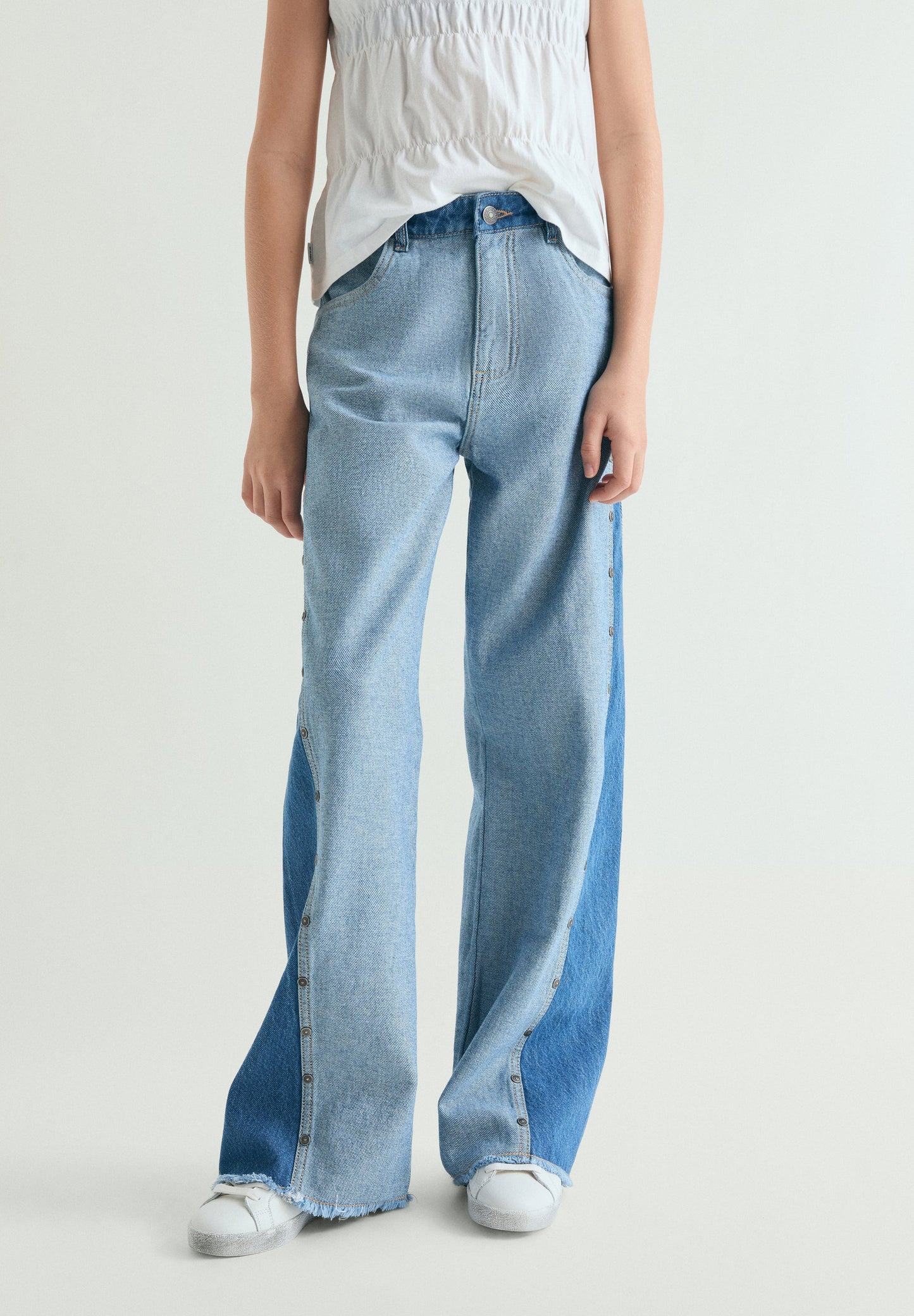 CALÇAS DENIM WIDE LEG BICOLOR