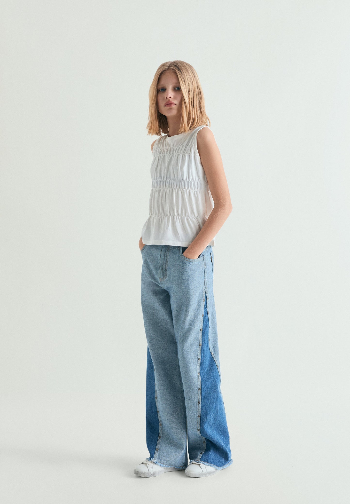 CALÇAS DENIM WIDE LEG BICOLOR