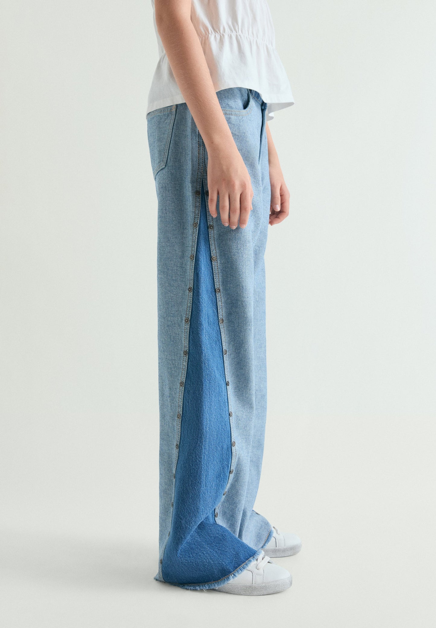 CALÇAS DENIM WIDE LEG BICOLOR