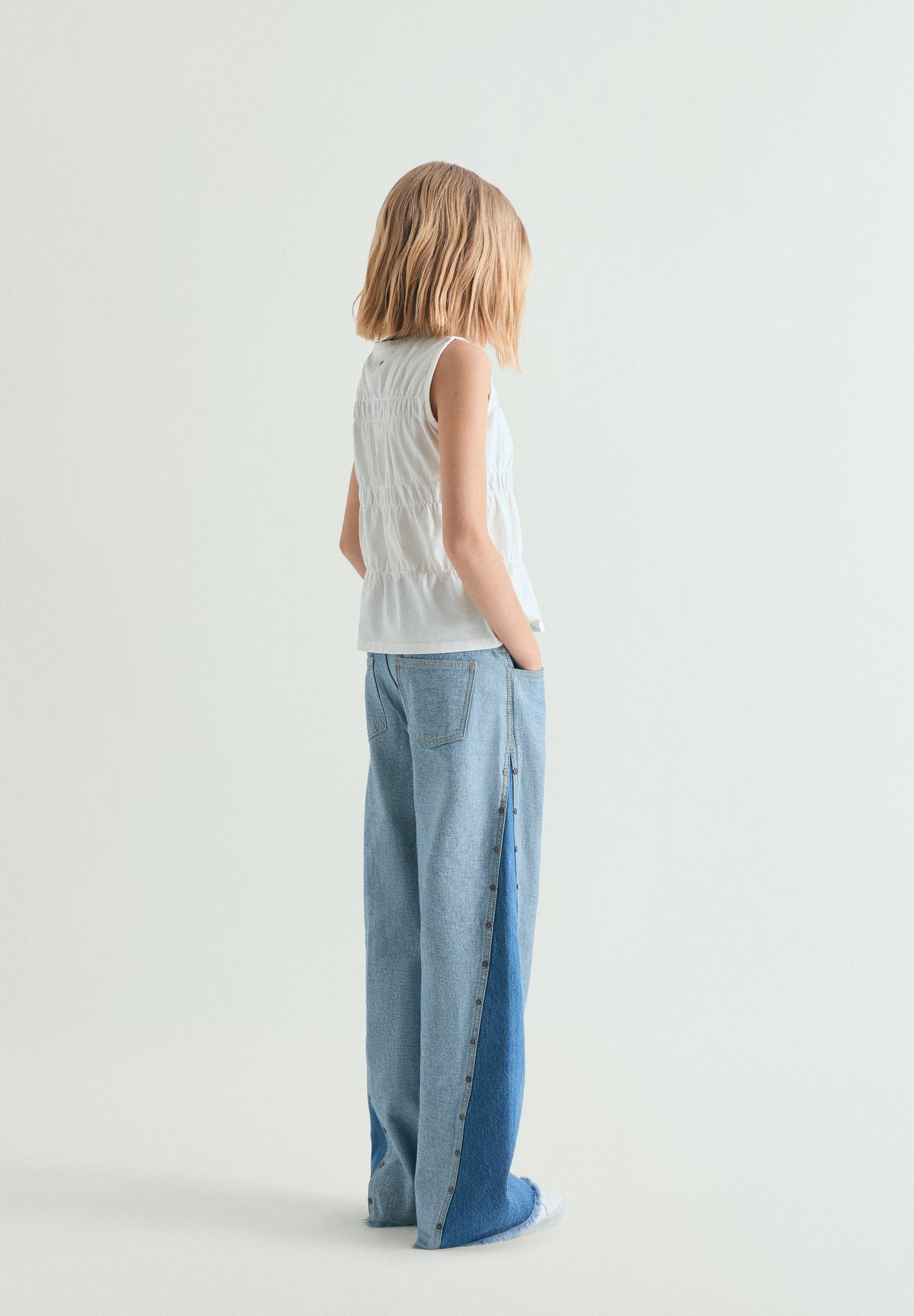 CALÇAS DENIM WIDE LEG BICOLOR