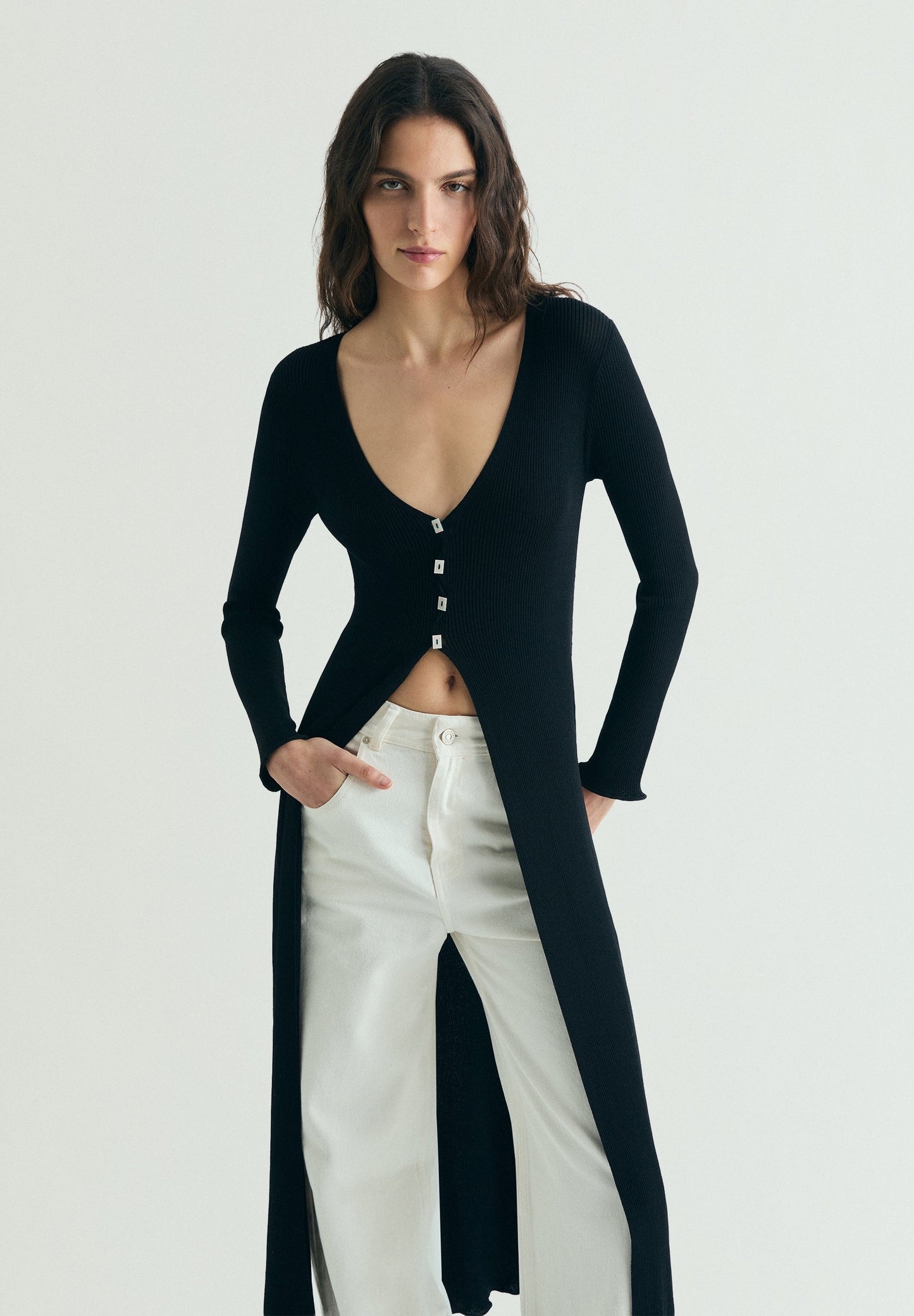 CARDIGAN COMPRIDO DE MALHA CANELADA