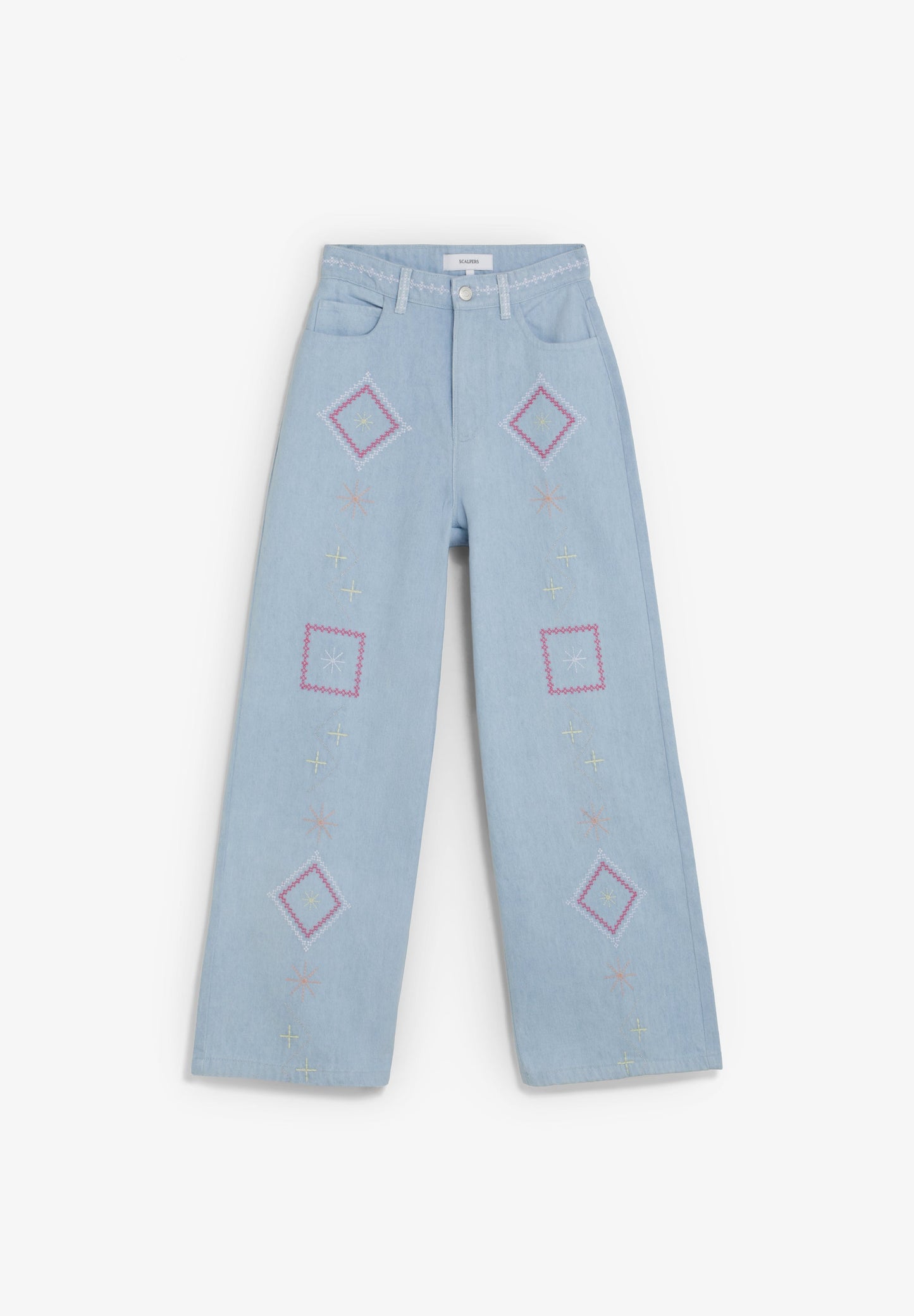 CALÇAS DENIM WIDE LEG COM BORDADOS