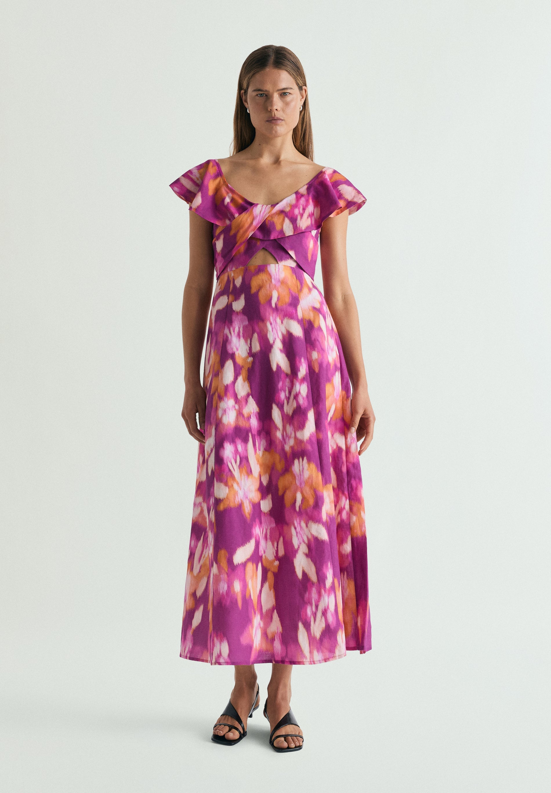 VESTIDO DE ALGODÃO E LINHO COM PADRÃO