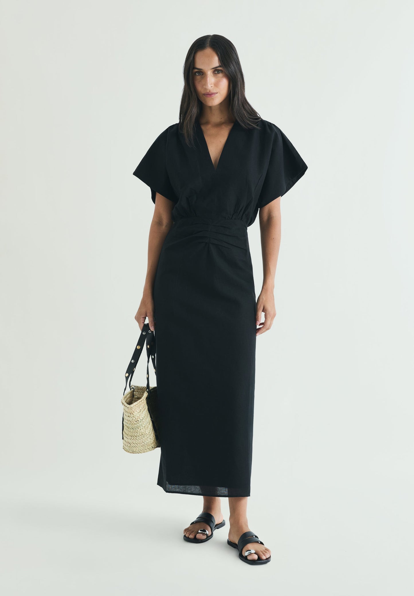 VESTIDO MIDI DRAPEADO LINHO