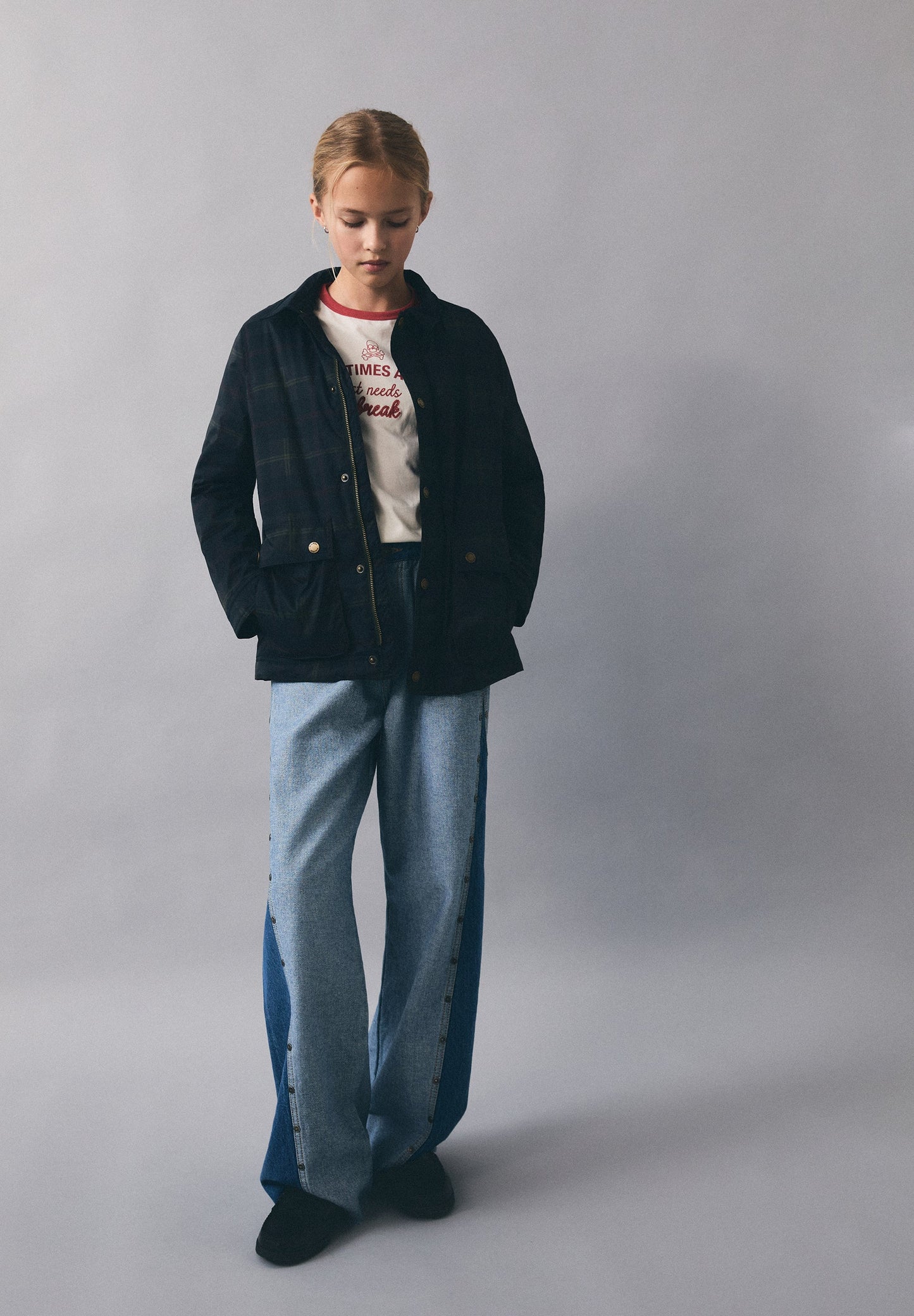 CALÇAS DENIM WIDE LEG BICOLOR